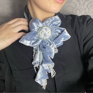 Handmade Velvet Floral Brooch in Dusty Blue Ribbon Bow Tie with Pearls & Lace